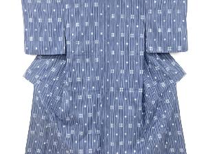 アンティーク　縞に絣柄織り出し手織り紬着物